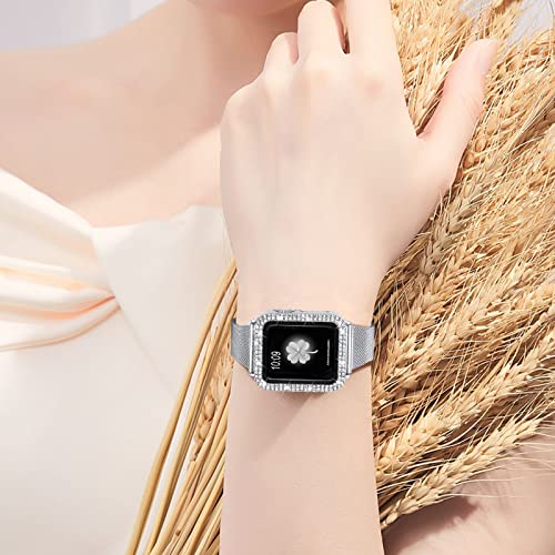 Joyozy Slim Stainless Steel Band Compatible with Apple Watch 38mm 40mm 41mm 42mm 44mm 45mm 46mm Milanese Strap with Bling Glitter Case Built-in Screen Protector Dressy Bracelet Band for Women (Silver 40mm)