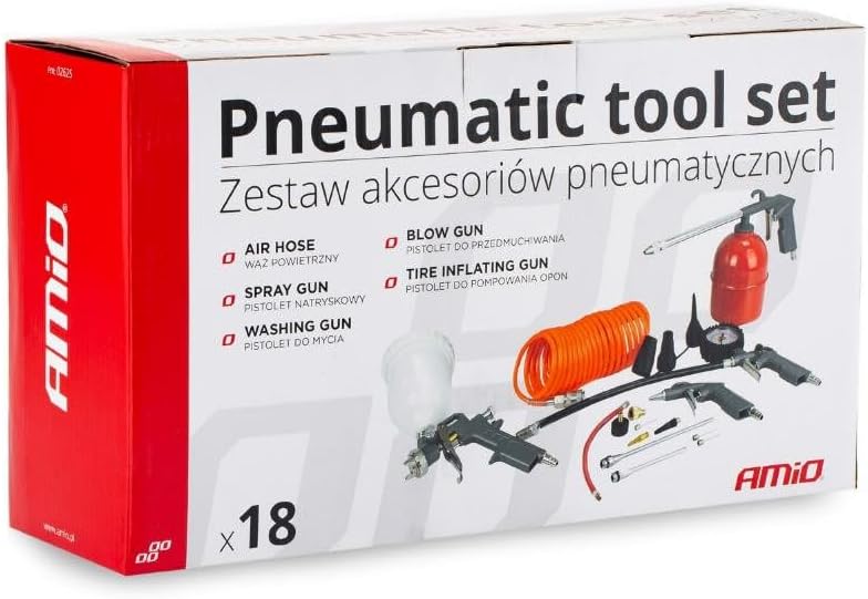 Close-up of a red coiled air hose connected to a pneumatic fitting