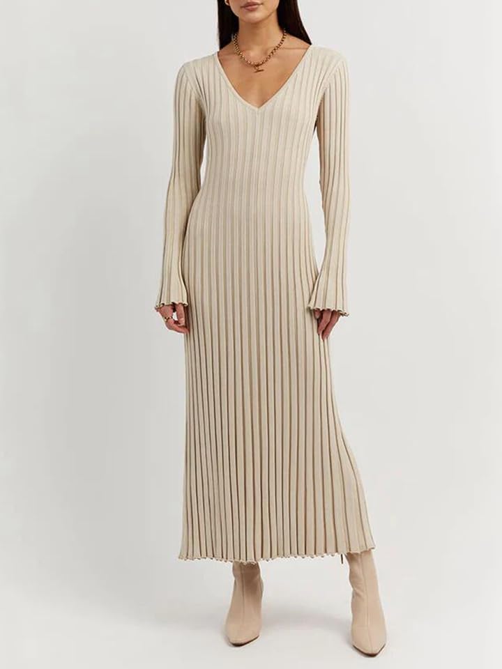 Image of Women's Long Knit Crewneck Sweater Dress Tie Waist A-Line Swing Pleated Bodycon