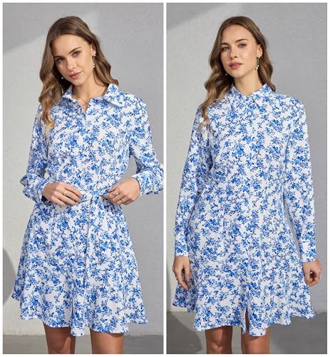 Image of Women's Long Sleeve Button Up Midi Belt Shift Collar Dress with Pockets for Work Office Business