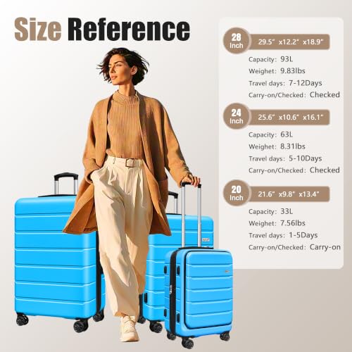 Image of KEYTANG SmileLine 3-Piece Luggage Set Lightweight Hardside Suitcase TSA Lock Spinner Wheels, 20 inch Expandable Carry-On Luggage with Quick Access Front Open Pocket, Bonus Makeup Bag,Blue
