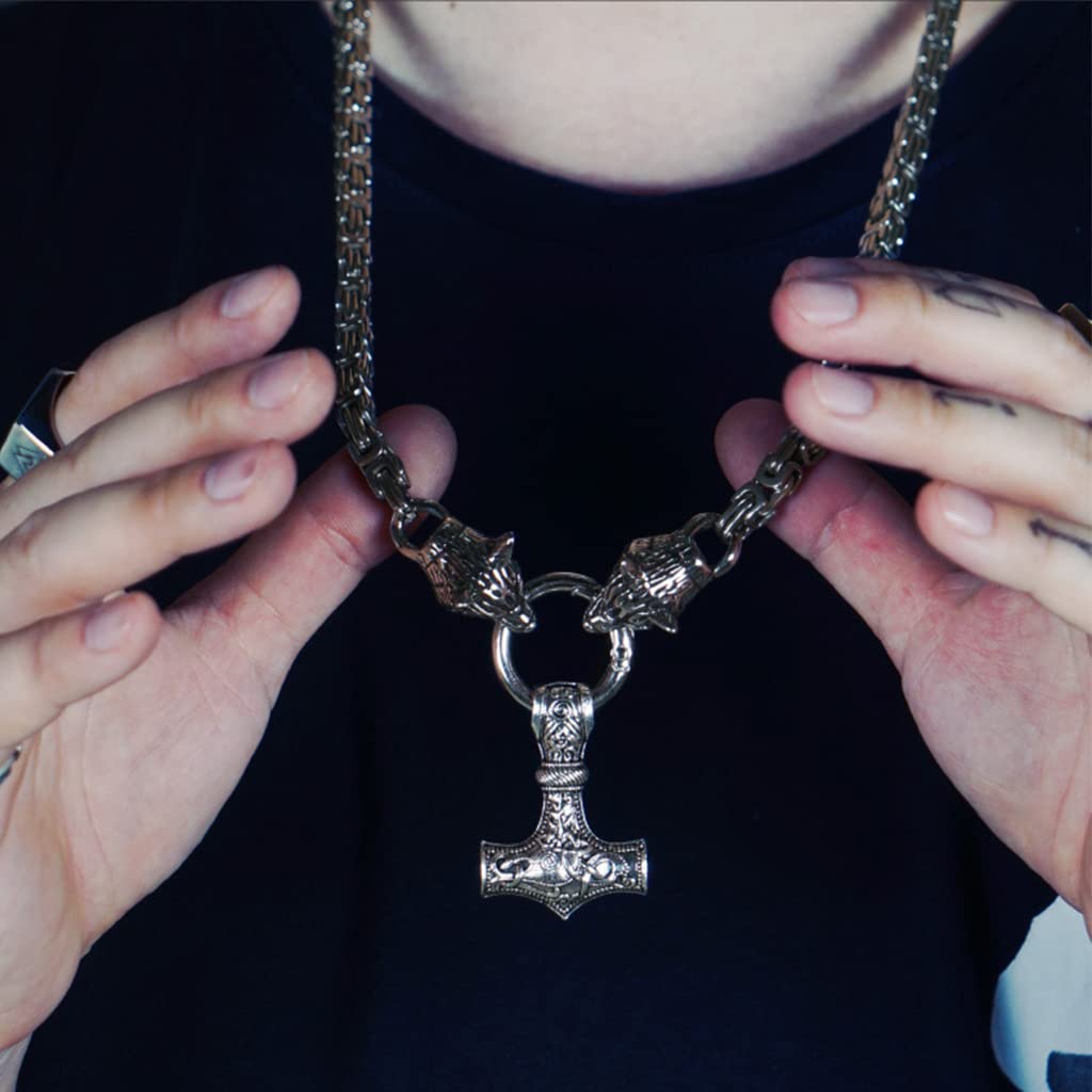 Nordische Wikinger-Halskette Odin Thors Hammer Wolfskopf Talisman-Anhänger-Halskette Wikinger-Amulett-Anhänger-Halskette Nordischer Wikinger-Schmuck für Männer mit Geschenkbox,Silber
