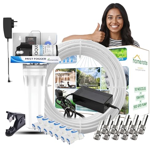Image of Homenote Automatic Timer Mist Maker Fogger for Home & Poultry Farm with 100 GPD Pump, 10 Nozzles & 15 m Pipe | Fogger kit for Dairy Farm | Ideal for Outdoor Cooling & Humidification Use (White)