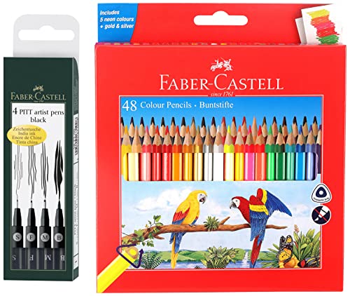Image of Faber-Castell 48 Triangular Colour Pencils Pitt Artist Color Pen Set - Pack Of 4, S, F, M, B, Ink Multicolor