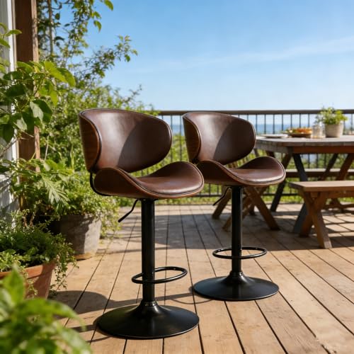 Image of HealSmart Swivel Bar Stools Set of 2, PU Leather, Adjustable Height Bentwood BarStools with Ergonomic Back and Footrest, Ideal for Bar Stools for Bar Counter, Home Kitchen, Dining Room, Brown