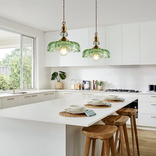 Image of CVKASH Vintage Glass Pendant Light Fixture Green Adjustable Chandelier Modern Gold Hanging Ceiling Light for Farmhouse Dining Room Living Room Bedroom Entryway Kitchen Island