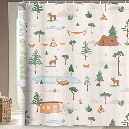 Image of Boziqr Camper RV Shower Curtain Travel Trailer Bathroom Accessories Wild Life Deer Moose Forest Decor Camping Shower Stall Curtains 70x72 Inches (Beige)