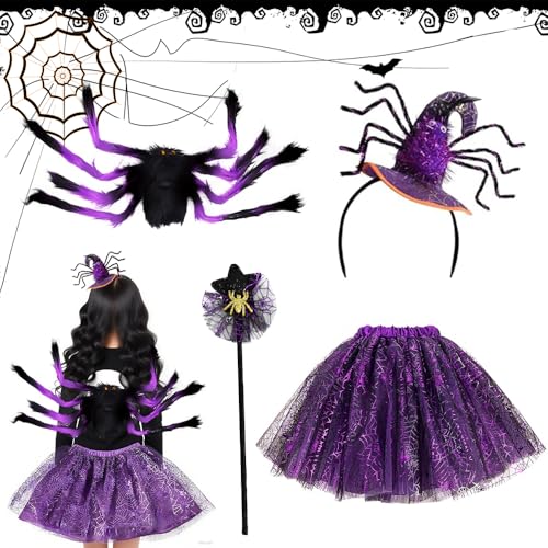 RURIZHONGTIAN Spinnenkostüm Kinder, Halloween Kostüm Kinder Spinne, Spinnen Verkleidung mit Tüllrock, Spinne Haarreifen und Plüschspinne, für Halloween Cosplay Karneval Mottoparty