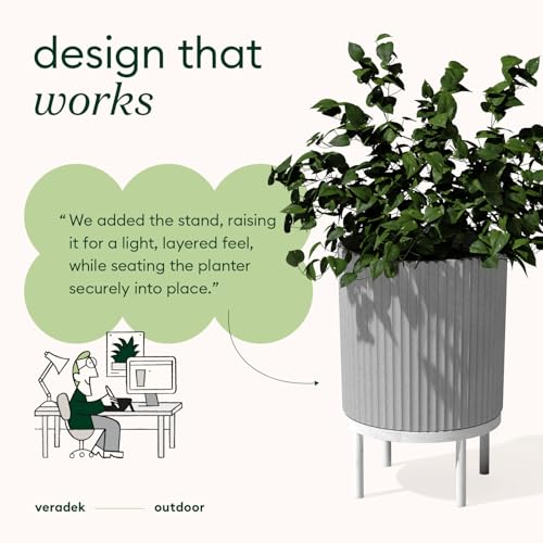 Image of Veradek Demi Series Raised Planter - Round Planter with Stand | Made From a Durable Plastic-Stone Composite & Comes With Wooden Stand. Modern Porch /Patio Decor