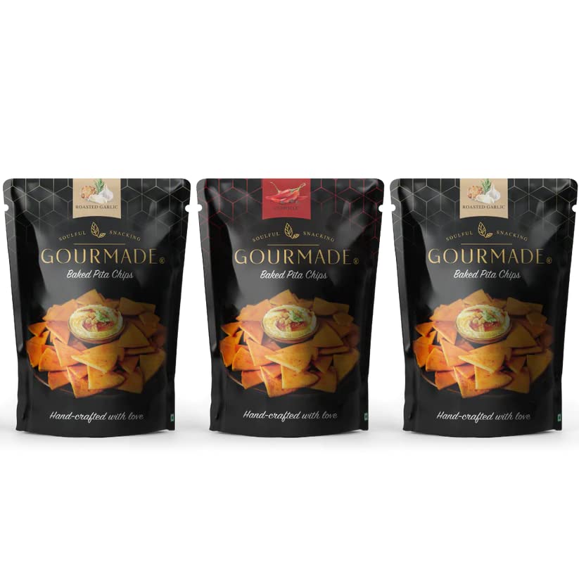 Pita Chips Snacking Combo, 375g | 2 x Roasted Garlic and 1 x Chipotle (125gms ecah - Pack of 3) | Baked Chips | Bar Party Snacks | Dip Chips | Starter Chips | Nachos & Tortillas
