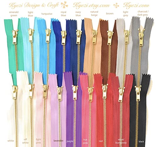 10 pcs Brass Gold Metal Teeth Zippers (Mixed Colors - Chosen by Random, 3 inch)