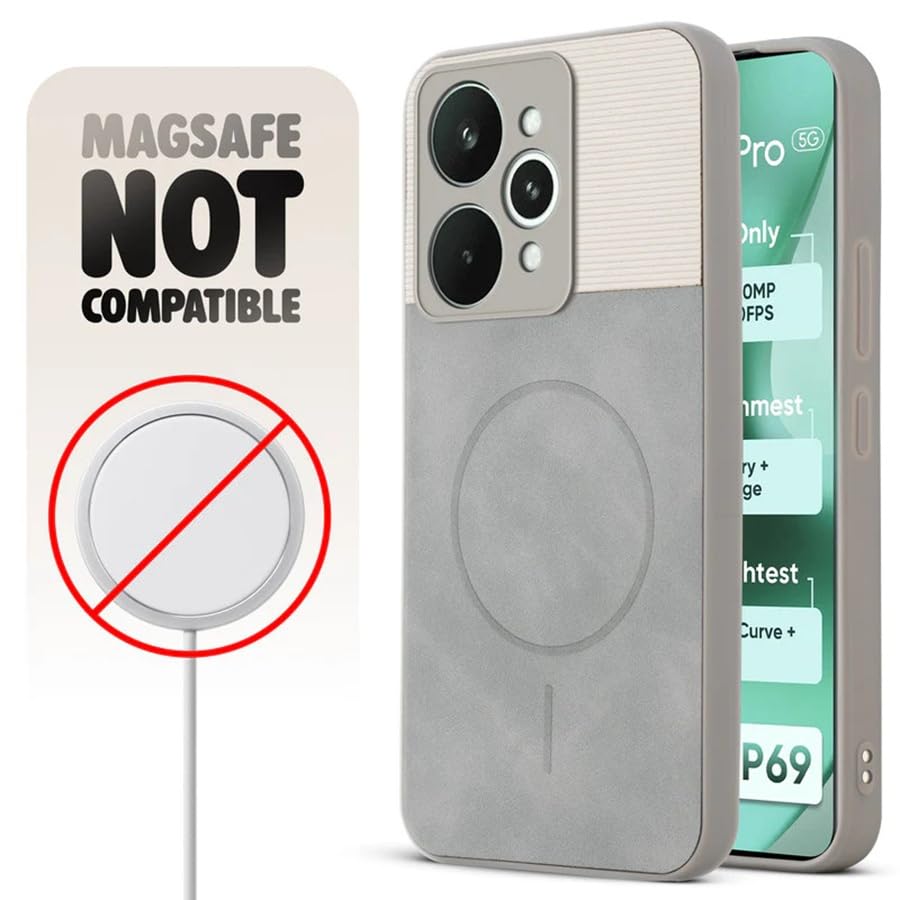 Image of Bintage case Dual-Leather Macc-Safe Design Phone Case| Soft Touch Finish | Full Camera Protectection Back Cover Compatible for Realme RMX5106 /Realme 15 5G - White & Matelic Grey