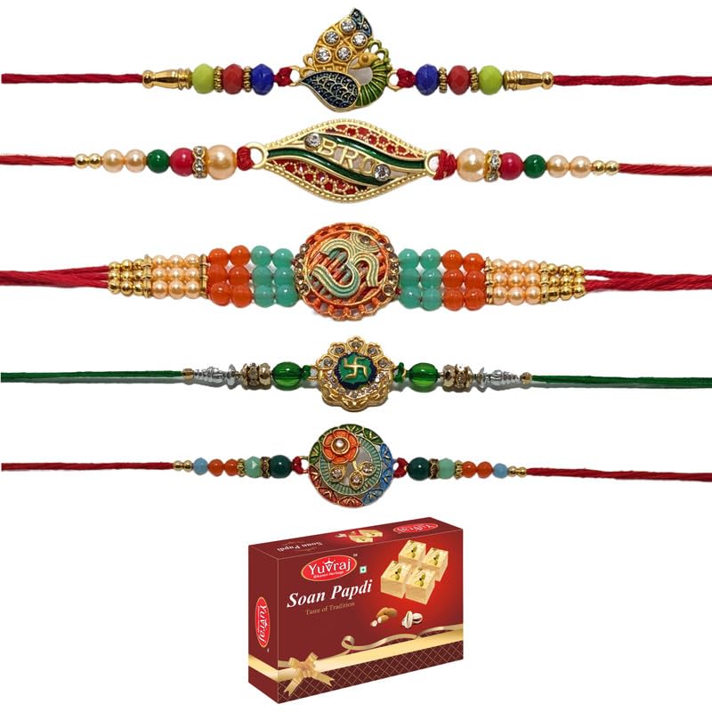 Yuvraj 5 Bro rakhi combo designer rakhi set for 5 brother with sweets patisa 200 gm | roli chawal pack-image-35