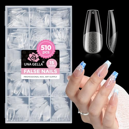 UNA GELLA Soft Gel Medium Coffin Nails Tips 510Pcs 15 Sizes Pre-Buffed Full Cover False Nails No File Needed Inner Matte Gel Tips Clear PMMA Soak Off Acrylic Nail Extensions for DIY Nail Art