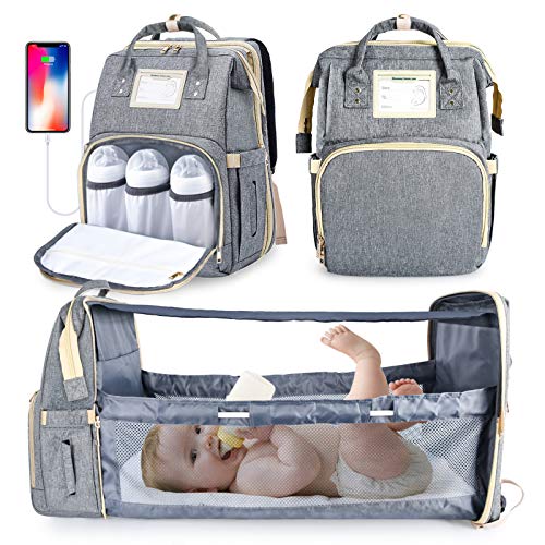Beinhome Baby Diaper Bag Backpack with Changing Station Diaper Bags for Baby Bags for Boys Girls, Portable Baby Crib and Insulated Pocket, Large Capacity Baby Bag with Foldable Baby Bed