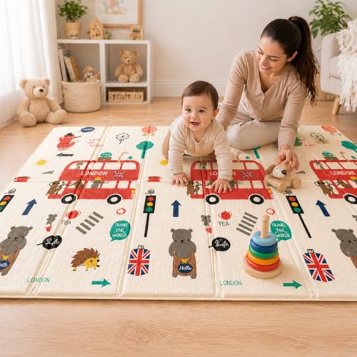 Image of WENGTY BPA Free Extra Large Big Size Non Slip Reversible Bus & Road Print Baby Play Mat for Learning & Crawling,Foldable Foam Floor Mats for Toddlers Kids Play Room (200X150CM 8MM Thickness)