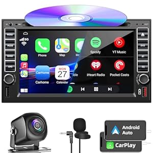Double Din Car Stereo with DVD/CD Player, Car Radio with Backup Camera, Voice Control Carplay & Android Auto, Mirrorlink, Bluetooth,USB, Charging Function, AUX in, AM/FM Radio Receiver
