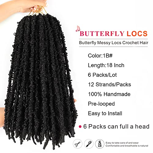 18 Inch Butterfly Locs Crothet Hair - Distressed Faux Locs, Pre-Twisted Braids, Crochet Braids, Pre Looped, Fluffy, Bob, Natural Messy Synthetic Crochet Braiding Hair (18 Inch (Pack Of 6), 1B) #TOP1