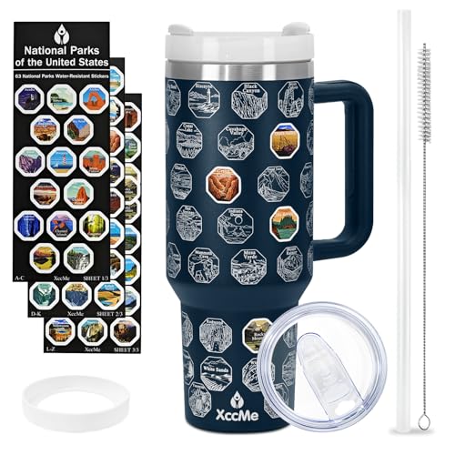 XccMe 63 National Parks Water Bottle with Stickers,40 oz Tumbler with Handle and Straw,2 Lids,40 oz Double Wall Insulated Tumbler,Stainless Steel Leak Proof Tumbler,Travel Coffee Mug (Blue)