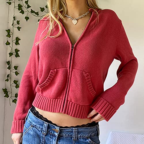 Faretumiya Women Zip Up Long Sleeve Crop Hooded Tops Ribbed Knit Cropped Hoodie Jacket Y2k Cute Sweater Pullover2