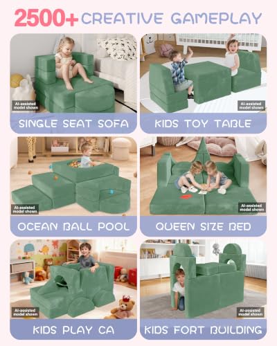 Image of YEFU 15pcs Modular Kids Play Couch,1000+ Imagination Creative Play | for kids ages 1+,7 shapes,countless configurations,30D high-density foam,fort building,washable cover, playroom,birthday gift