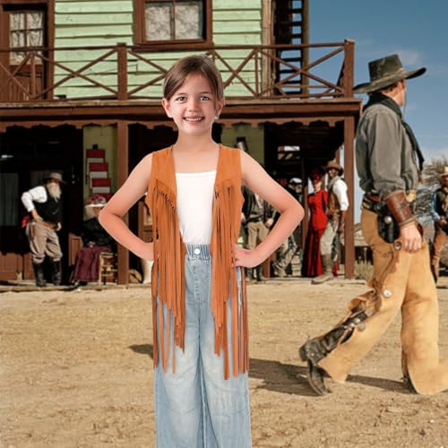 Girls Kids Fringe Vest Sleeveless Western Cowgirl Vest 60s 70s Hippie Faux Suede Tassels Jacket for Kids 5-12Years4