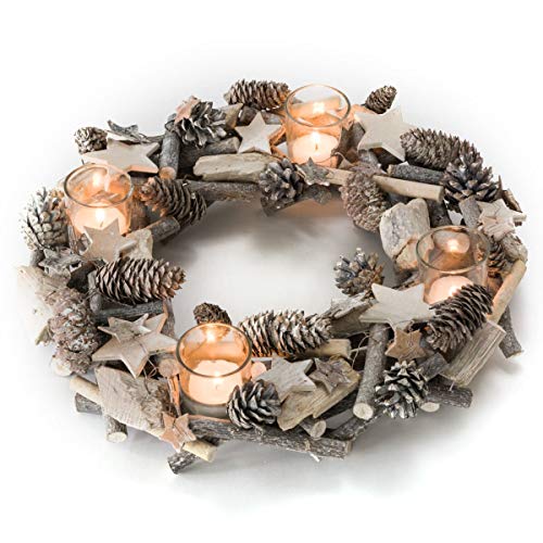 Pureday Corona de adviento Natural con sostenedores para Velas de té piña Artificial de Abeto/astas/Ramas/Estrella de Madera 38 cm Ø Cover