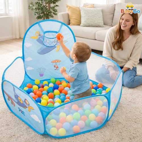 Image of BabyGo Kids Activity Basketball Aeroplane Ball Pool for Kids, Play Tent House for 2+ Year Old Girls and Boys, Ball Pit for Kid, Spacious, Lightweight, Portable & Easy to Set Up (Blue) (No Balls)