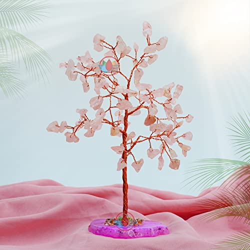 Image of REMEDYWALA Charged Rose Quartz Crystal Tree with Agate Slice Base for Reiki Healing (100 Beads)