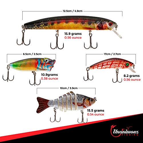 unanimous fishing Bass Lures Kit – 4 Lifelike 3D Fish Baits with BKK Treble Hooks for Saltwater and Freshwater Angling – Includes 1 Jointed Swimbait, 1 Topwater Popper and 2 Crankbaits (Orange)