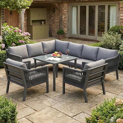 Yihomfy Salon de Jardin Exterieur, Ensemble De Salon De Jardin d'angle, Canapé D'ExtéRieur, Ensemble Comprenant 1 Canapé d'angle Et 2 Fauteuils, 1 Table Basse, en Aluminium Et Acier pour Balcon