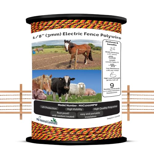 My Animal Command 3mm(1/8In) Thick Solar Powered Polywire Electric Fence 1000m/3280 Ft Length for Containment of Livestock Horses Deers Bears Farm Animals Gardens Pets Animal farm Wire