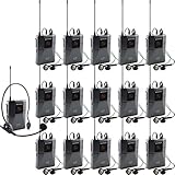 EXMAX UHF-938 UHF Acoustic Voice Transmission Wireless Headset Microphone Audio Tour Guide System for Church Translation Teaching Travel Simultaneous Interpretation(1 Transmitter 15 Receivers)