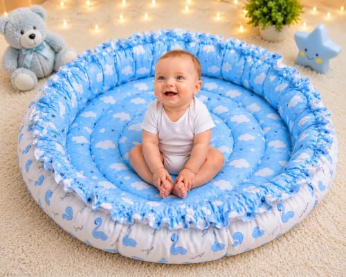 Image of Toddylon New Born Baby Reversible Bedding Set Cotton Mattress Nest (0-6 Months) Blue