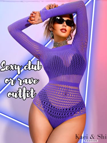 Image of Kaei&Shi Sexy Hollow Rave Outfits, Fishnet Bodysuit Fits US Women Sizes 0-18, Sheer Lace Glow Party Tops Festival Mesh