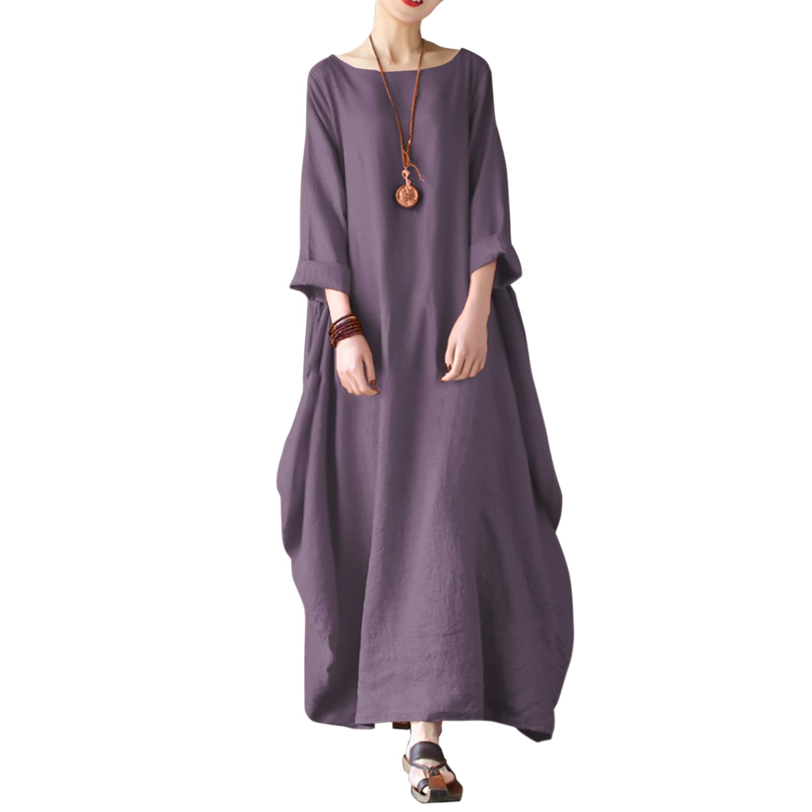 Jacansi Women's Cotton Linen Dress with Pocket Oversized Loose Dress Kaftan Dress