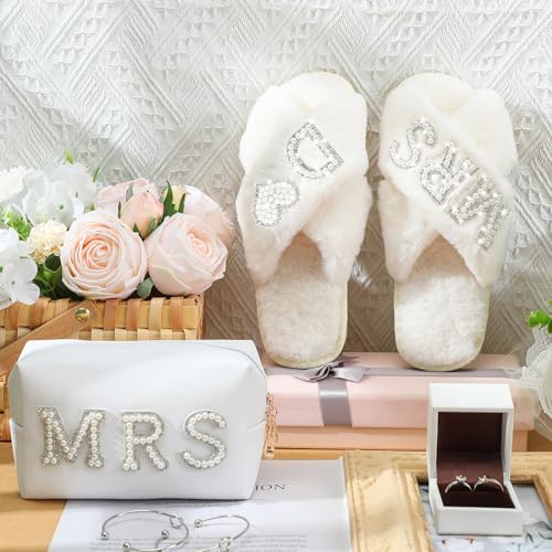 Image of Xtinmee Personalized Initial Wedding Bride Slipper Mrs Pearl Letter Makeup Bag Bachelorette Party Bridal Shower Wedding Gifts(D)
