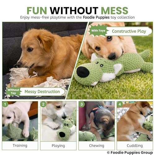 Image of Foodie Puppies Interactive Dog Squeaky Plush Toy (Green Wolf) | Crinkle Paper, Cotton-Stuffed, Chew Toy for Teething, Cuddling, Playing & Training for Puppies and Small to Medium Dogs