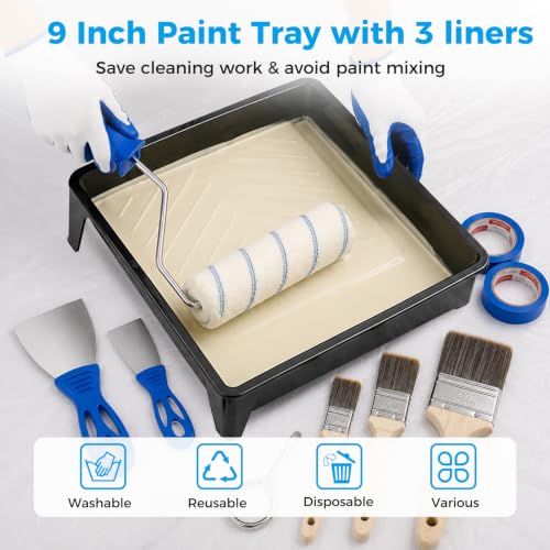 Kit de rodillos para pintura 33 piezas con poste extensible de 1.7-4 pies y bolsa de transporte, suministros para pintura de paredes con rodillos de 4" y 9", pinceles, bandeja con forros, guantes y cintas para paredes, techos, pisos, pintura en el hogar miniatura 2