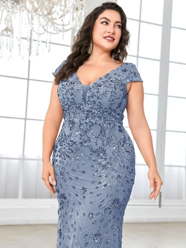 Image of Plus Size Womens Sequined Long Evening Gown Glamous Sleeveless V-Neck Mermaid Prom Dress for Wedding Party