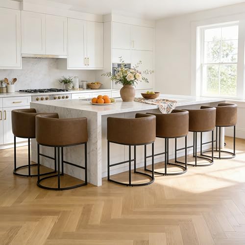 Image of 26 inch Counter Height Bar Stools Set of 6, Faux Leather Upholstered Barrel Chairs with Back and Arms, Metal Frame Kitchen Island Stools with Footrest, Cognac Brown