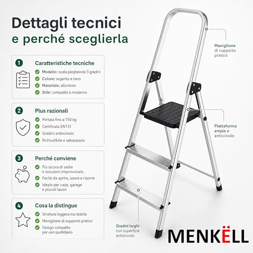 Scala In Alluminio - Portata 150Kg, Certificata EN131 - Antiscivolo, Ultraleggera E Salvaspazio - Uso Domestico E Lavorativo - Pratica Da Aprire, Chiudere E Riporre (1 Scala, 5 Gradini) - 3