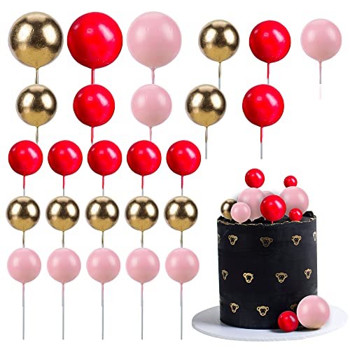 Gyufise 30Pcs Mini Balloon Cake Topper Foam Ball Cake Picks Valentines Day Cupcake Faux Pearl Balls DIY Cake Insert Topper Baking Decoration for Anniversary Birthday Party Baby Shower Red Pink Gold