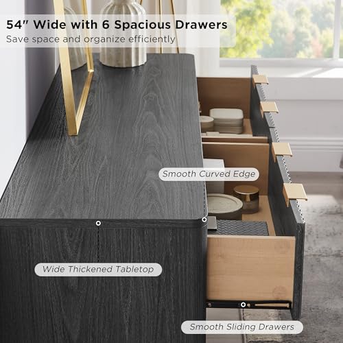 Image of T4TREAM Fluted 6 Drawers Dresser, 54 inch Wide Modern Chest of Drawers, Curved Profile Design, Dresser TV Stand, Wood Drawer Organizer for Bedroom, Living Room, Hallway, Dark Alder