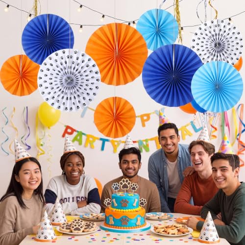 Image of Outus 9 Pcs Western Party Hanging Paper Fans Birthday,Blue Orange