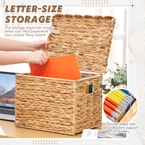 Image of Jingmore File Organizer Box with Scalloped Lid, Water Hyacinth, Brown | Portable Storage Box Collapsible Letter Hanging Filing Organizer Basket for Office /home, Woven Wicker Decorative Document Box