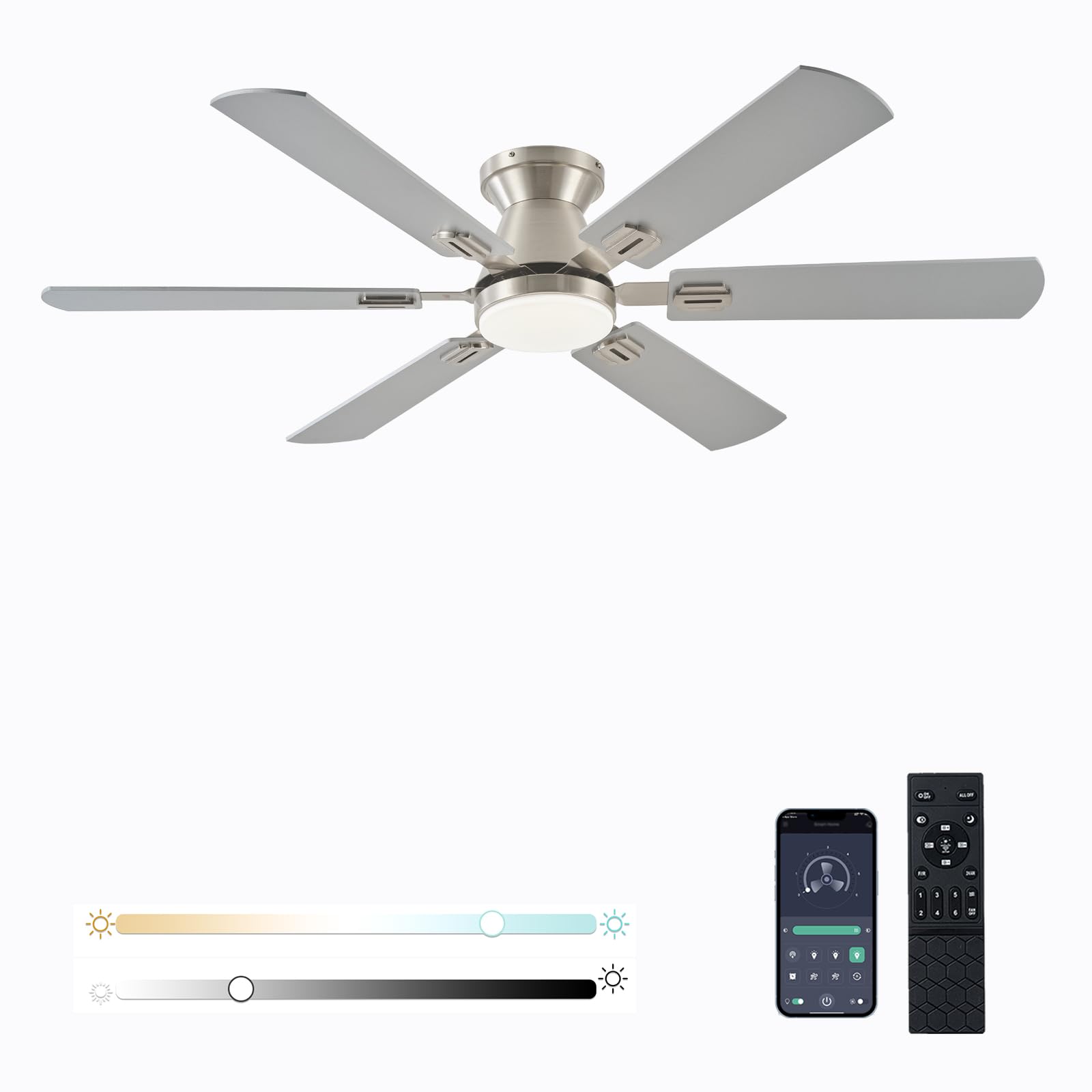 Photo 1 of KNUN 56" Nickel Ceiling Fans with Lights - App & Remote Control, Quiet Reversible DC Motor, Flush Mount Double-sided Blades, 3CCT Dimmable, Smart Low Profile Ceiling Fan for Bedroom Kids Room