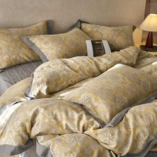 VM VOUGEMARKET Yellow Flower Duvet Cover Queen,3 Pieces Retro Jacquard Golden Floral Bedding Set,Linen Cotton Yarn-Dyed Textured Duvet Cover with Zipper Closure