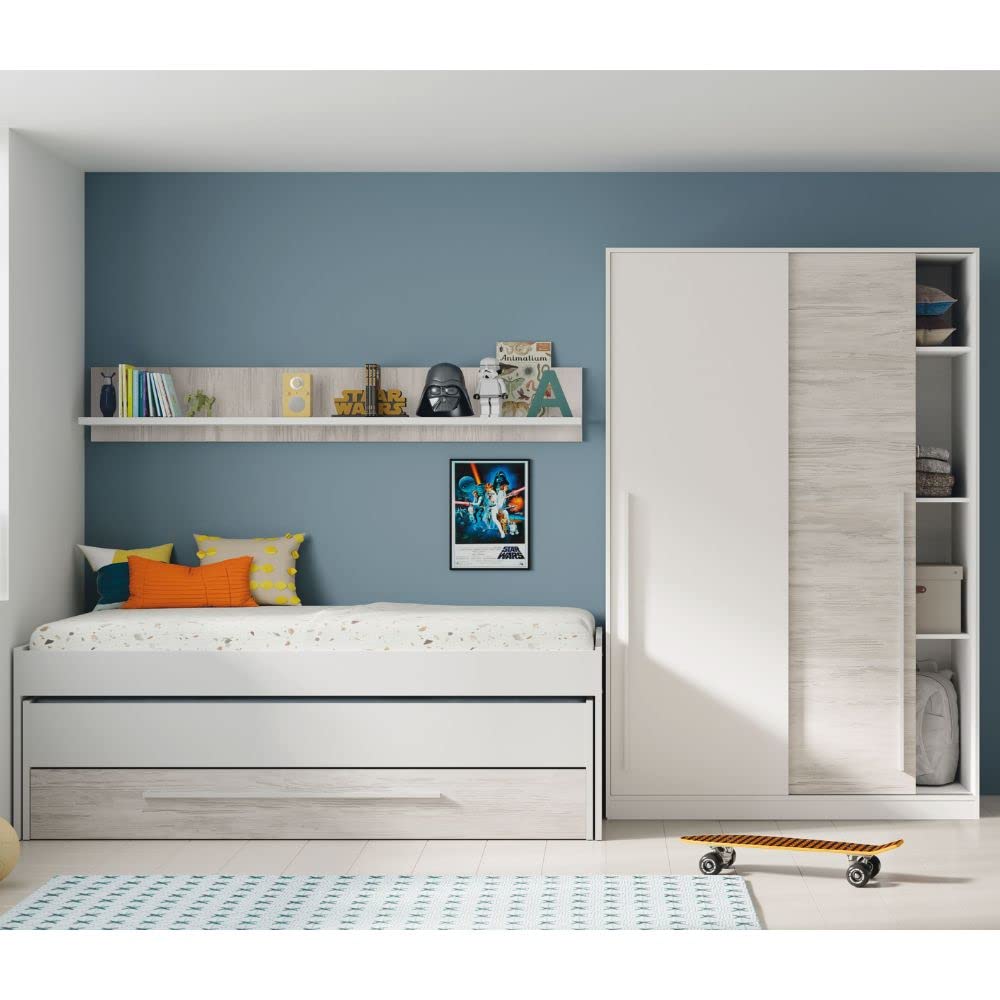 Mobelcenter, Cama Nido Juvenil Elliot 2 Camas 1 Cajón 1 Estante, Cama Doble Juvenil con 2 Camas 1 Cajón, Color Blanco Artik y Blanco Velho, Medidas: Ancho: 199 cm x Fondo: 96 cm x Alto: 65 cm (1383)