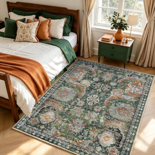 Image of RUGSURE Washable Area Rugs - Perfect for Living Room, Bedroom, Kids Room, Nursery - Stain & Water Resistant Non-Slip, Pet & Child Friendly, Vintage Tribal Area Rugs (Green, 5' x 7')